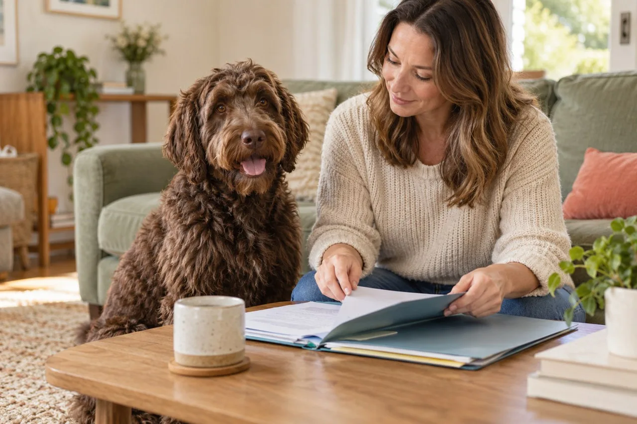 Owner reviewing a folder beside a curly-coated brown dog